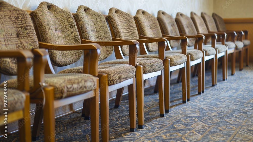 An orderly row of identical chairs arranged neatly in a conference room, symbolizing organization and efficiency in a corporate setting 