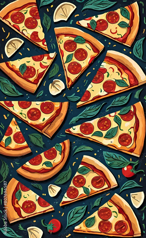 Pizza Illustration of pizza slices, pizza boxes, and pizza cutters arranged in a stylized pattern, representing the universal appeal of pizza. Pizza Illustration of pizza slices, pizza boxes, and pizza cutters arranged in a stylized pattern, representing the universal appeal of pizza.
