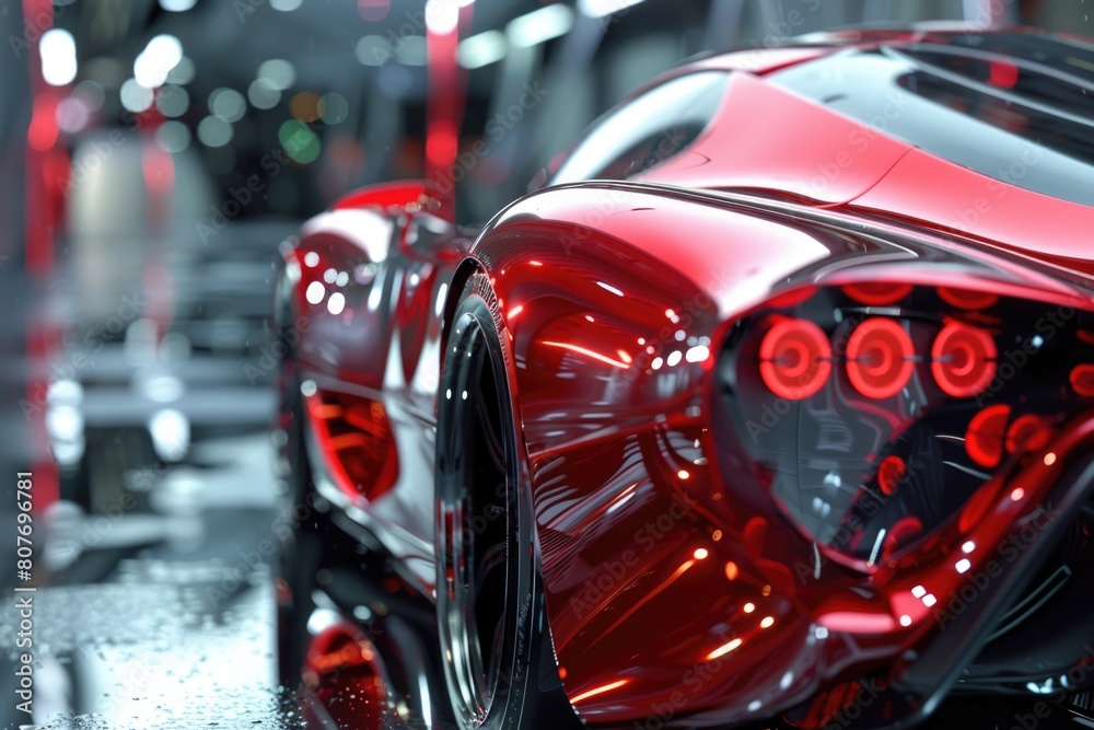 A detailed shot of a red sports car. Ideal for automotive advertisements