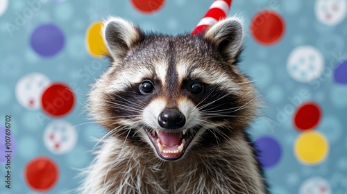 Happy raccoon clown under confetti rain on blue background, cute and whimsical animal and holiday concept, banner, copy space