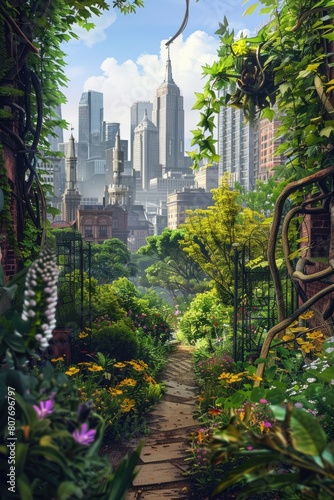 Garden pathway with city skyline view. Ideal for urban landscaping projects © Fotograf