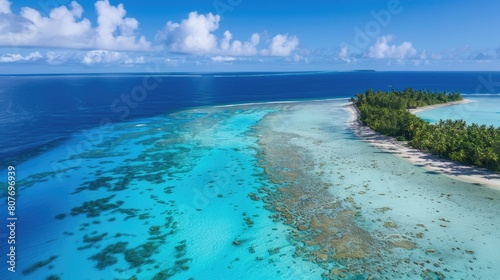 Rangiroa aerial drone  photo of atoll island and coral reef. Amazing nature landscape with blue lagoon and Pacific Ocean.  photo