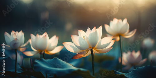White Lotus Flowers. Blooming Lotuses in the pond. Beautiful nature background. Water lilies in the lake