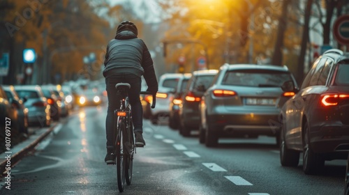 Urban cyclist on busy city road, ideal for transportation concept © Fotograf