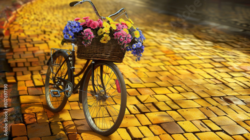  A delightful scene of a bicycle parked on a yellow brick road, its basket overflowing with a profusion of colorful flowers photo