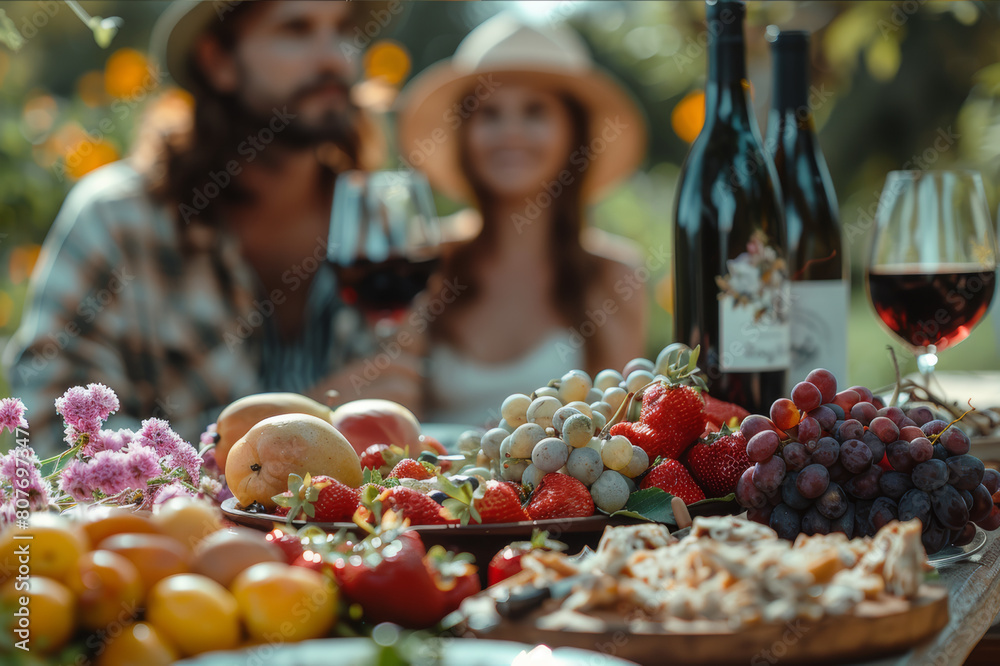 Romantic picnic scene in a park with a couple seated beside a spread of fruits and wine. AI generated.