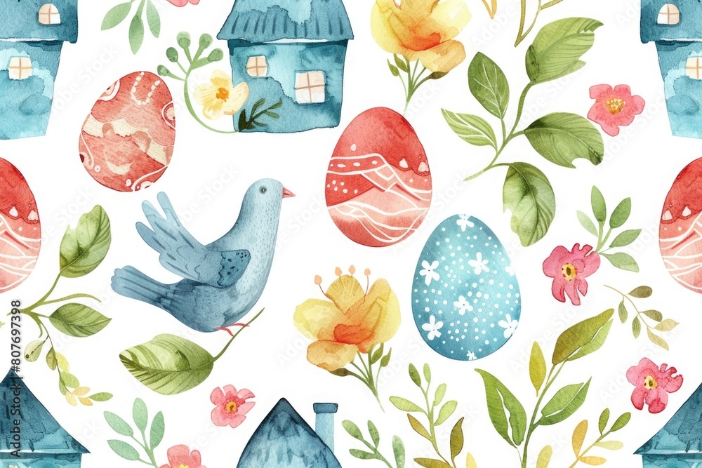 Fototapeta premium Colorful watercolor painting of a bird, house, and flowers. Great for nature lovers and home decor