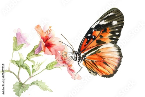 Beautiful watercolor painting of a butterfly resting on a colorful flower. Perfect for nature and wildlife themes © Fotograf