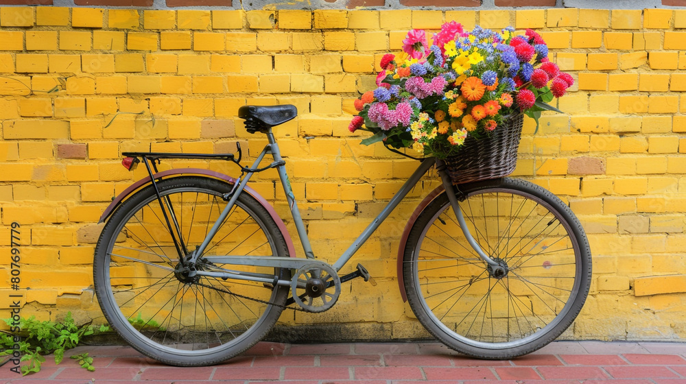A delightful scene of a bicycle with a basket brimming with colorful flowers, parked against a yellow brick wall, adding a touch of whimsy to the urban landscape