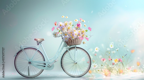 A dreamy scene of a bicycle with a basket brimming with colorful blossoms, set against a soft light blue backdrop, adding a touch of whimsy to the urban landscape