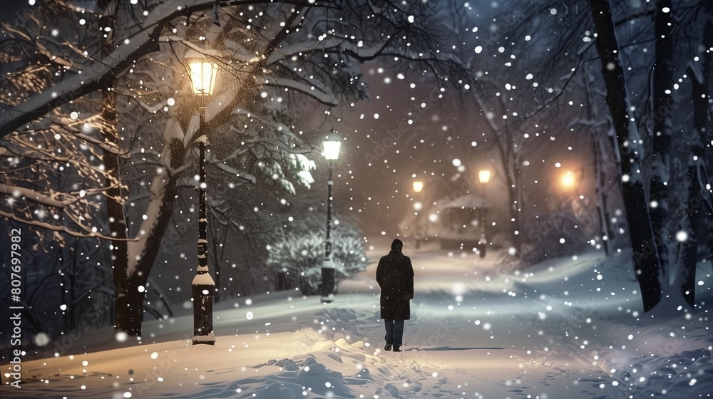 Person walks on snowy path under street lamps on quiet winter night, AI-generated. Person walks on snowy path under street lamps on quiet winter night, AI-generated.