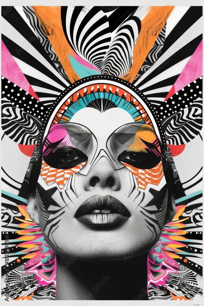 Naklejka premium Abstract Colorful Tribal Face Art with Zebra Stripes and Vibrant Patterns