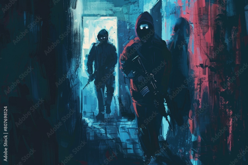 A couple walking down a dark alley. Suitable for urban exploration themes