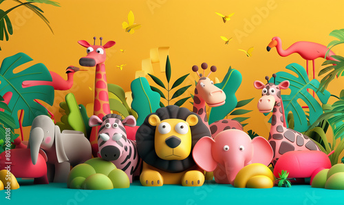 3d wild African animals on yellow background. Cute creatures  giraffe  zebra  lion and flamingo. Illustration for kids activities in the zoo
