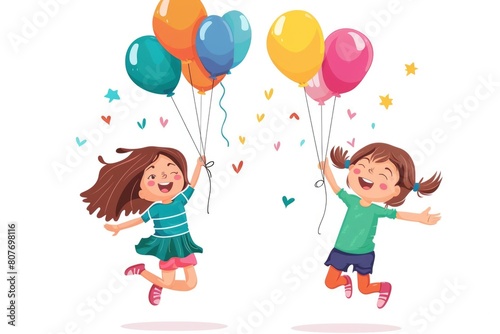 Two little girls having fun with colorful balloons, perfect for birthday party invitations