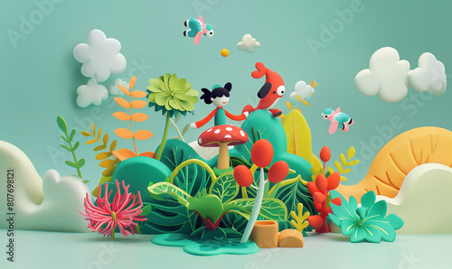 3d girl in the children’s natural playground. Plants, mushrooms and funny creatures. Place for outdoor kids activities