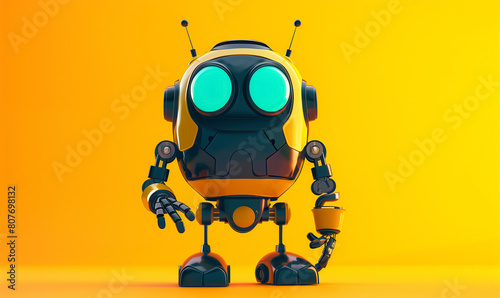 3d smart black robot on yellow background. Advanced device for technical tasks