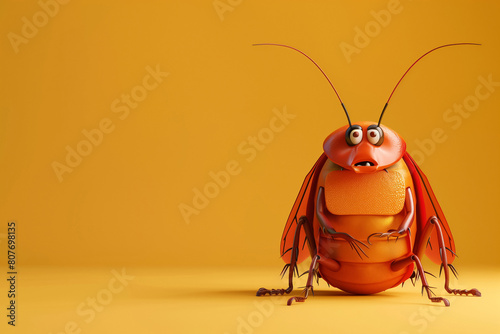 3d fat and sad cockroach isolated on yellow background. Horizontal layout