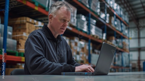 Manager Working on Laptop at Warehouse