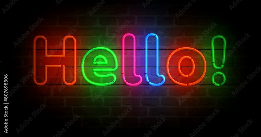Hello neon symbol on brick wall. Happy welcome light color bulbs. Loopable and seamless abstract concept animation. Hello neon symbol on brick wall. Happy welcome light color bulbs. Loopable and seamless abstract concept animation.