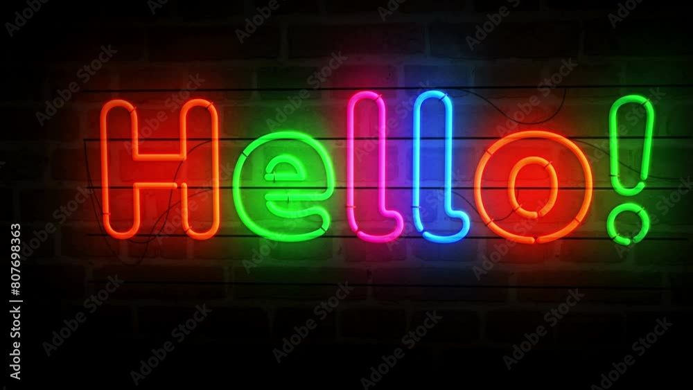 Hello neon symbol on brick wall. Happy welcome light color bulbs abstract concept. Hello neon symbol on brick wall. Happy welcome light color bulbs abstract concept.