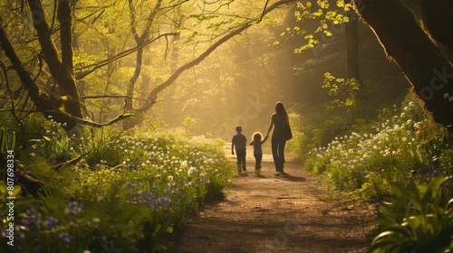 A woman and child stroll through a forest  hand in hand  amidst trees  plants  and natural woodland landscape. AIG41