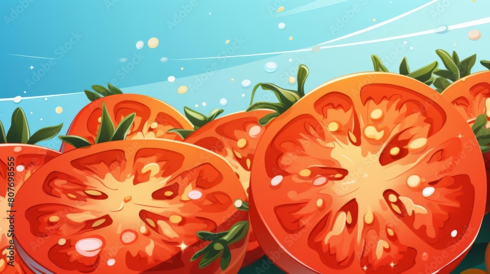 a vibrant illustration of sliced tomatoes and lemons on a dark background. The bright colors of the fruits contrast beautifully against the dark backdrop a vibrant illustration of sliced tomatoes and lemons on a dark background. The bright colors of the fruits contrast beautifully against the dark backdrop