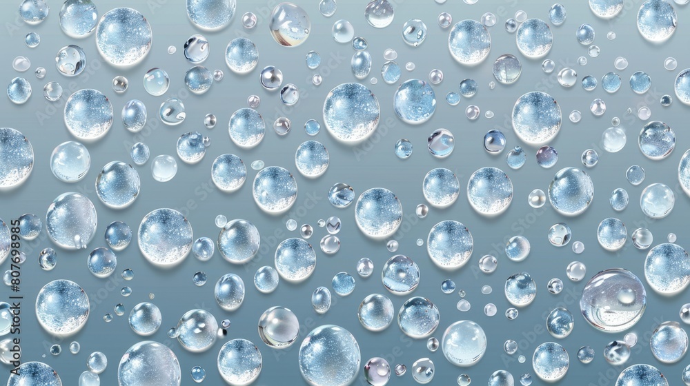 Water droplets with light reflection on glass or window surfaces. Abstract wet texture, pure aqua blobs pattern, realistic 3d modern illustration.