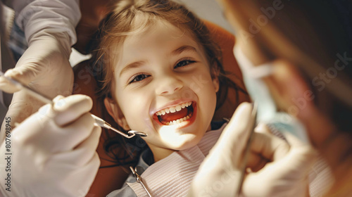 Child smiling wide, showing newly cleaned teeth to dentist after checkup in brightly lit dental office