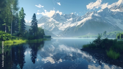  A serene lake reflecting the surrounding mountains, embodying the harmony of nature. 
