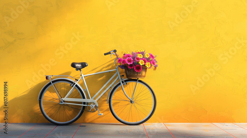 A serene scene of a bicycle with a basket filled with colorful blooms, parked against a bright yellow wall