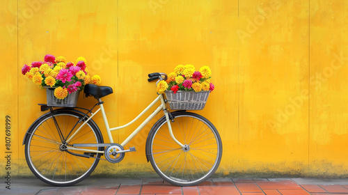  A serene scene of a bicycle with a basket filled with colorful blooms, parked against a bright yellow wall