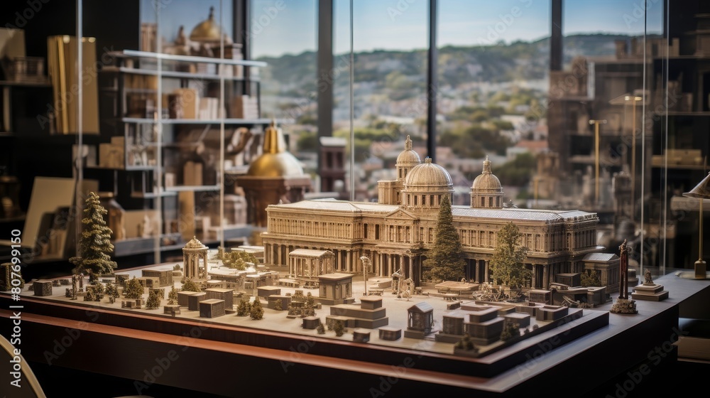 Roman architect's office showcases architectural models and designs for public buildings