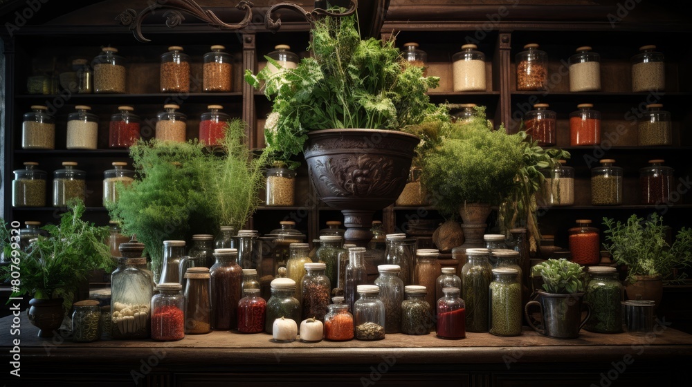 Roman herbalist's shop with jars of herbal remedies on display