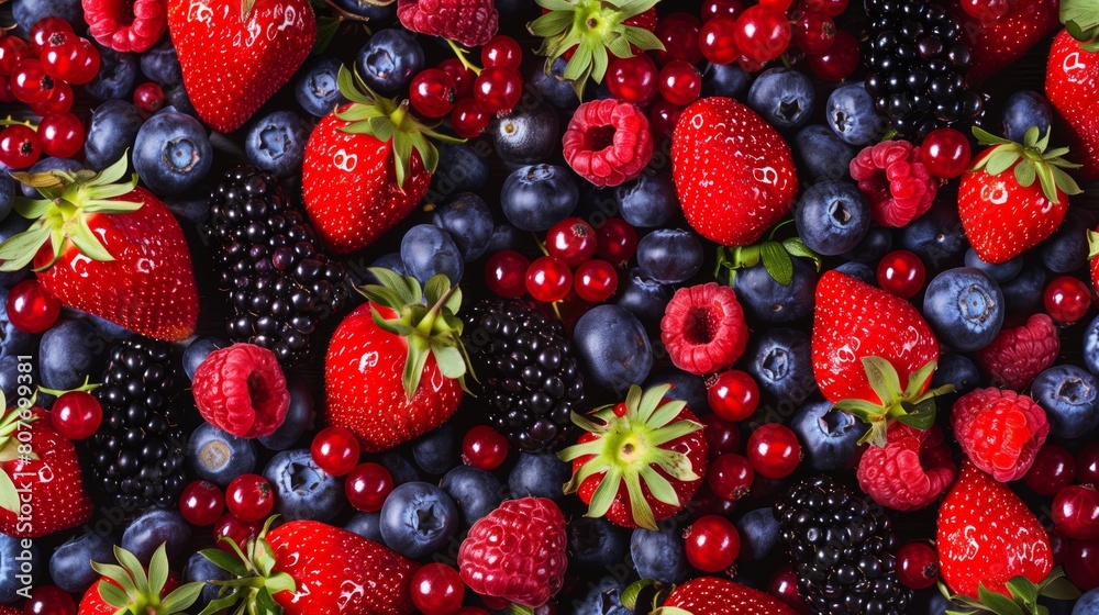 Close-up image of assorted fresh berries including strawberries, blueberries, and raspberries. Close-up image of assorted fresh berries including strawberries, blueberries, and raspberries.