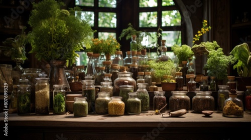 Roman herbalist s shop filled with jars of remedies and herbs