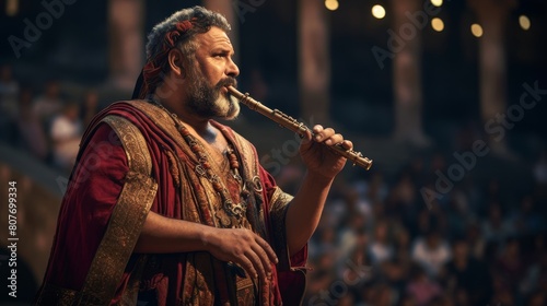 Roman musician playing aulos in open-air theater photo