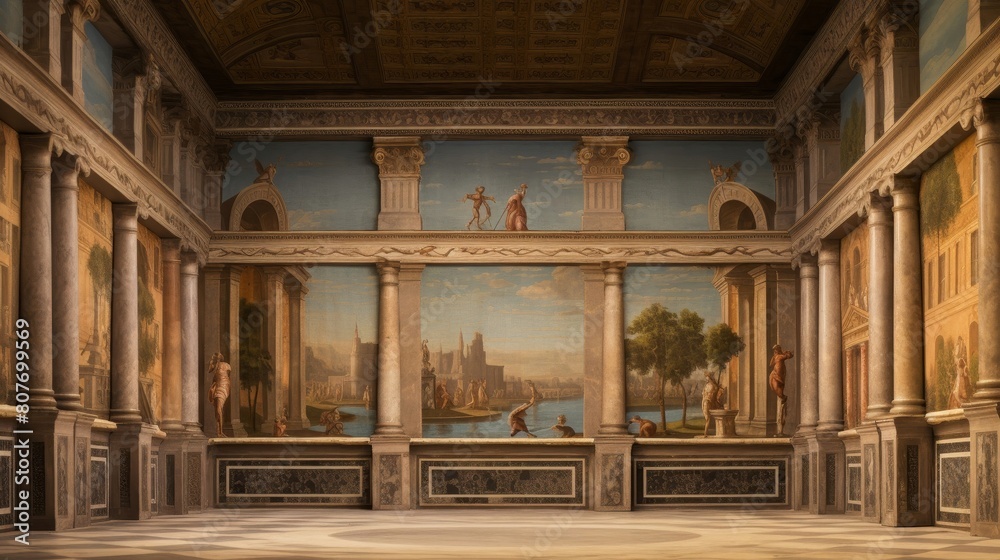 Roman bathhouse adorned with frescoes depicting mythology