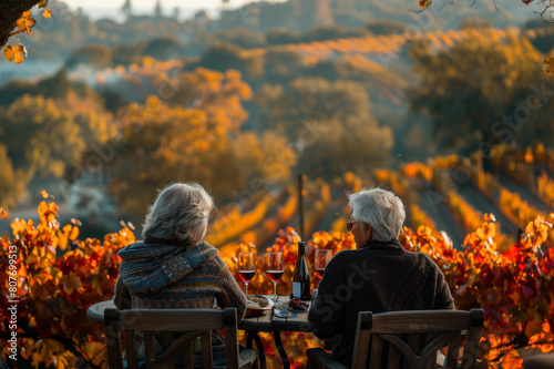 Two seniors enjoying wine in a tranquil vineyard setting, seated at a table with a view of rolling vine rows. AI generated.