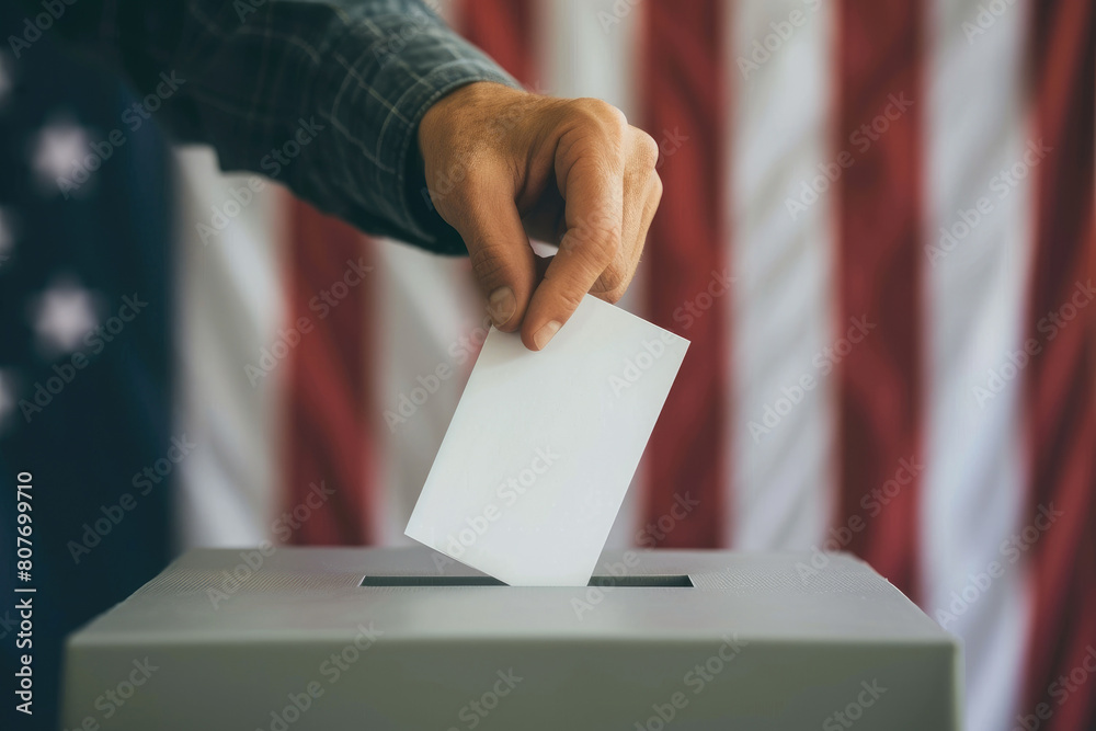 Election in USA. person putting his vote into ballot box against national flag of United States