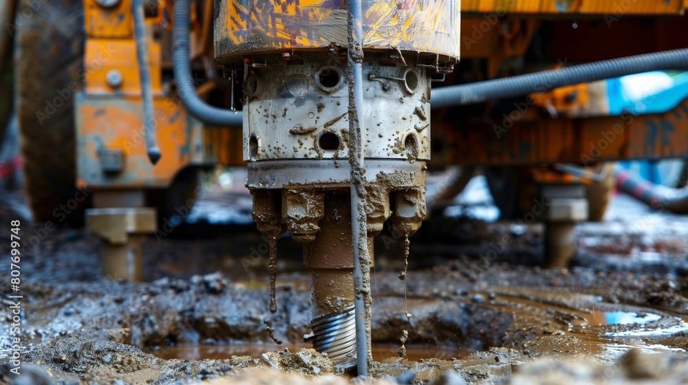 Close-up of a muddy drilling machine part on a construction site, with detailed focus on the drill.