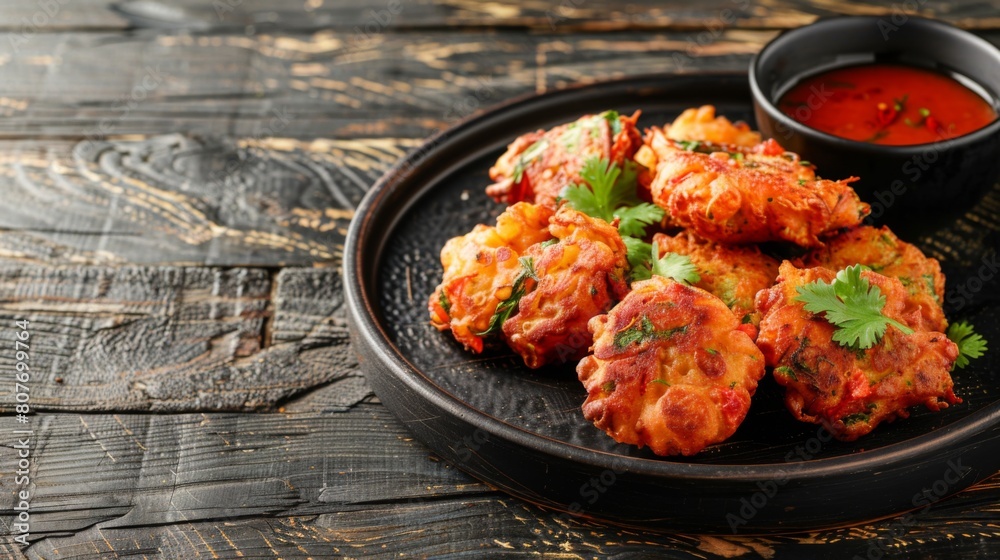 Black plate with assorted fried pakoras beside a cup of tangy sauce Black plate with assorted fried pakoras beside a cup of tangy sauce