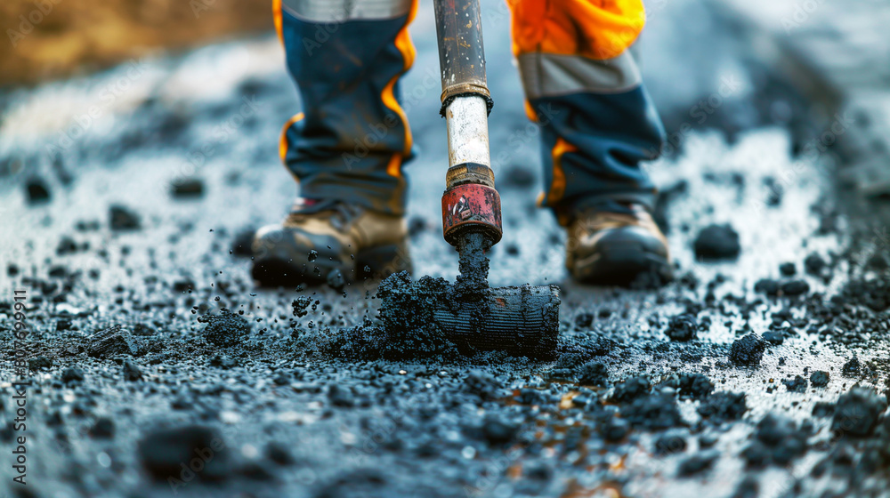 Close-up view of a jackhammer breaking asphalt with debris flying, and workers' feet visible. Close-up view of a jackhammer breaking asphalt with debris flying, and workers' feet visible.