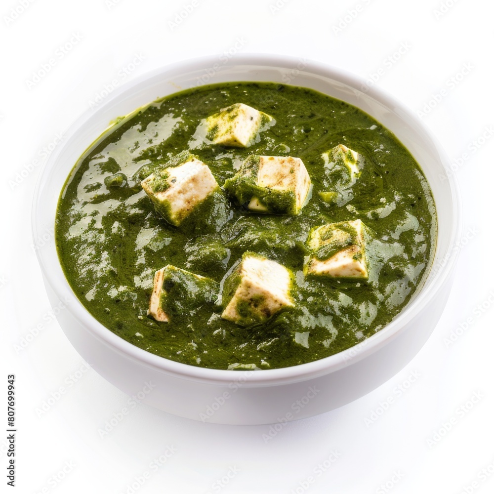A white bowl brimming with fresh spinach leaves and blocks of tofu A white bowl brimming with fresh spinach leaves and blocks of tofu