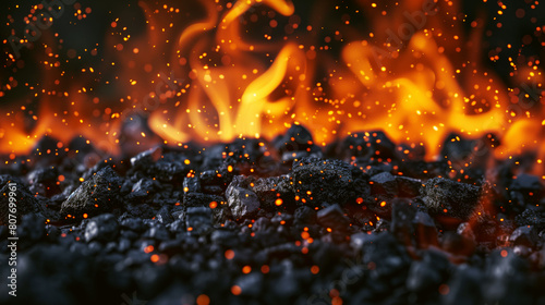 Intense close-up of glowing coals and flying sparks with vivid flames in the background.