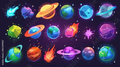Planets, cartoon galaxies, asteroids, rings, water, glow and exploding comets on the surface of the earth. Modern illustration.
