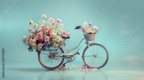  A whimsical composition featuring a bicycle with a basket overflowing with fresh blooms, set against a tranquil light blue background, symbolizing the beauty of nature
