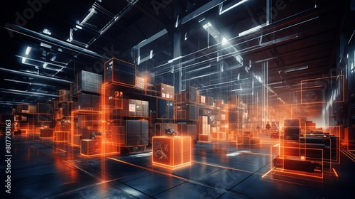 Futuristic warehouse employing generative AI for inventory and logistics © Seksan