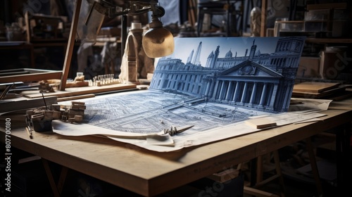 Roman architect's table covered in blueprints