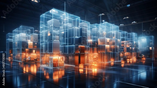 Futuristic warehouse employing generative AI for inventory and logistics